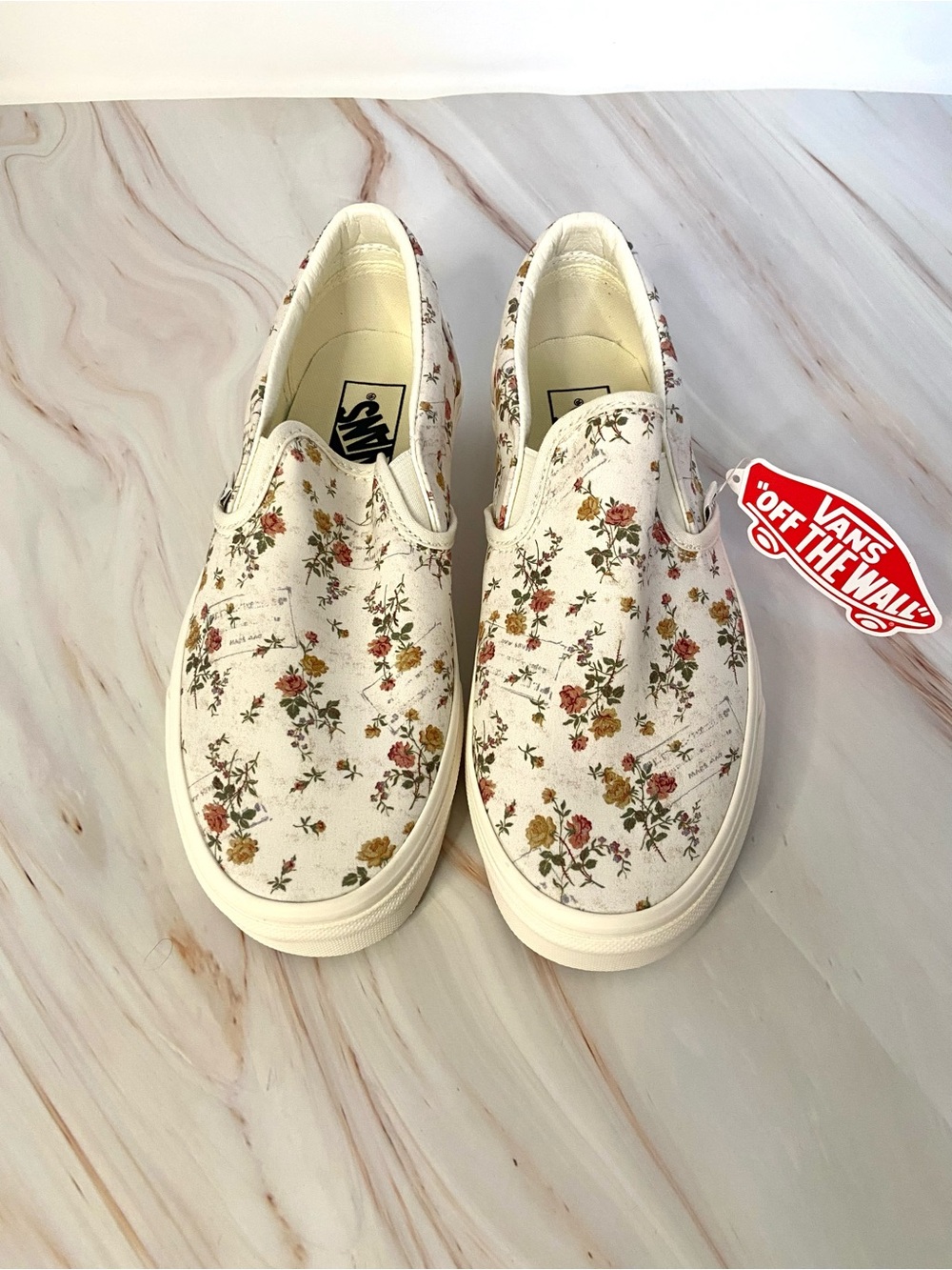Vans Women’s Slip-On Floral Canvas Sneakers - Cream with Pink & Yellow Flowers